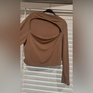 SHEIN Brown Asymmetrical Cut Out Long Sleeve Tee